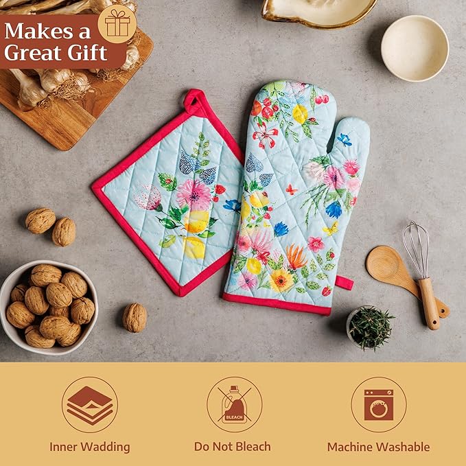 Maison d'Hermine Oven Gloves 100% Cotton Oven Mitt 7" x 13" with Loop Heat Resistant BBQ Cooking Gloves Baking Grilling Gifts for Mothers Day Spring/Summer (Pack of 1, Jardin D'Ete - Fog)
