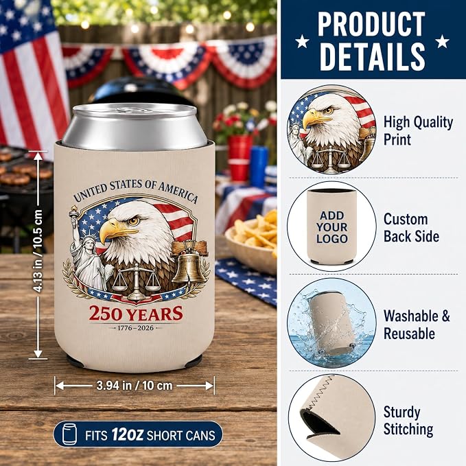 100 Pcs Custom 4th of July American Can Cooler Sleeves, 250th Anniversary USA Patriotic Neoprene Drink Holder for Memorial Day Independence Day Party Favors Decorations Gifts