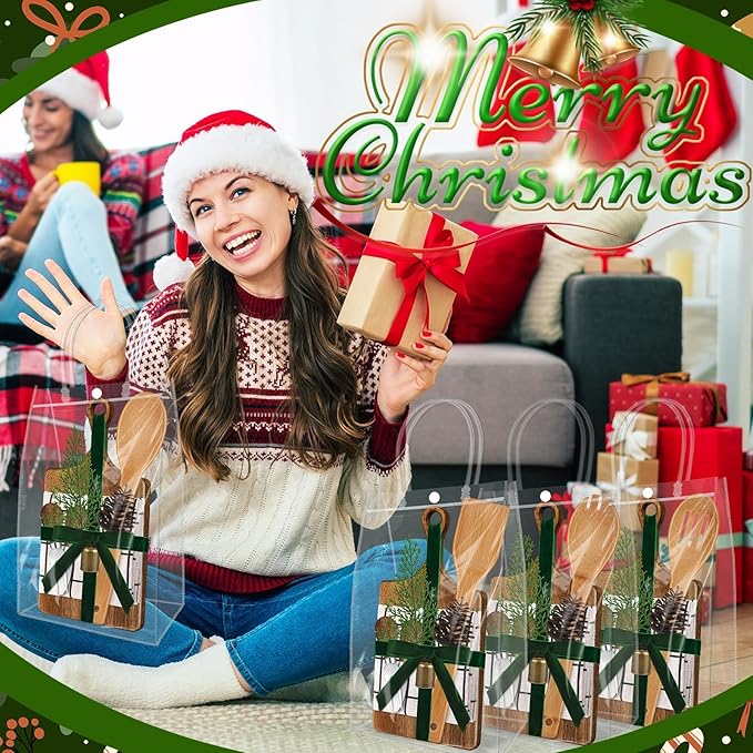 6 Set Christmas Gift Kitchen Utensils Set Acacia Spatula Mini Cheese Board Pine Cones for Christmas Kitchen Holiday Gift Party Decor
