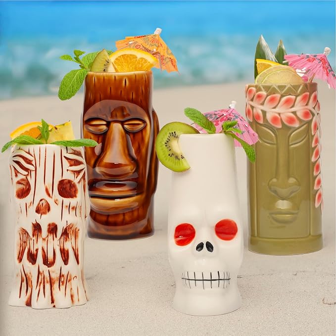 LEMONSODA Ceramic Hawaiian Tiki Glasses - Set of 8 - Tropical Drinkware Tiki Mugs for Cocktails, Barware & Luau Decor