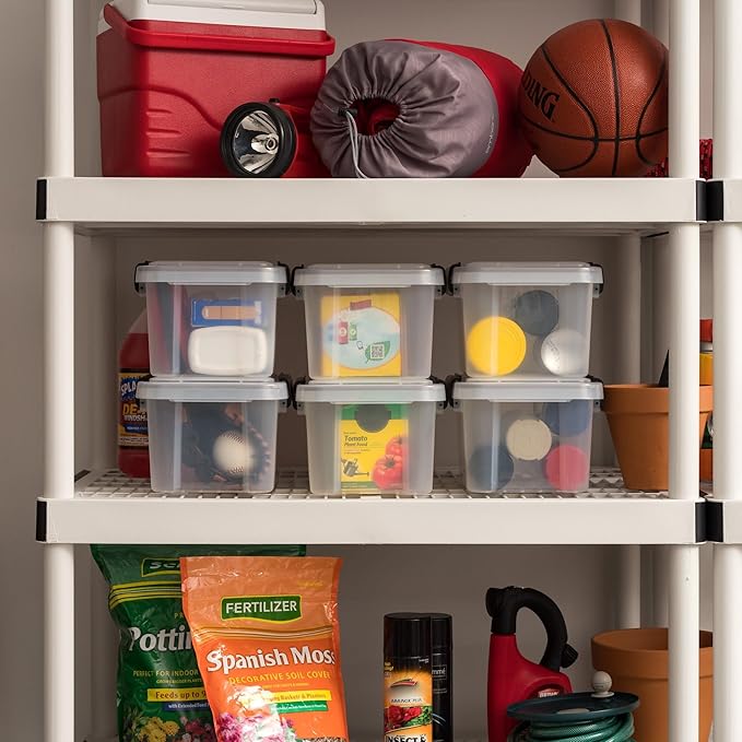Clear Plastic Storage Bin with Airtight Latching Lid, Stackable Waterproof Organizer for Food, Office Supplies, and Household Items, Black Clasps