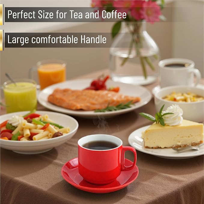 BTaT- Stackable Coffee Cups with Saucers, Set of 6, 8 Ounce, Red, Porcelain Cappuccino Cups for Coffee Drinks, Cappuccino, Latte, Espresso, Americano and Tea, Microwave & Dishwasher Safe