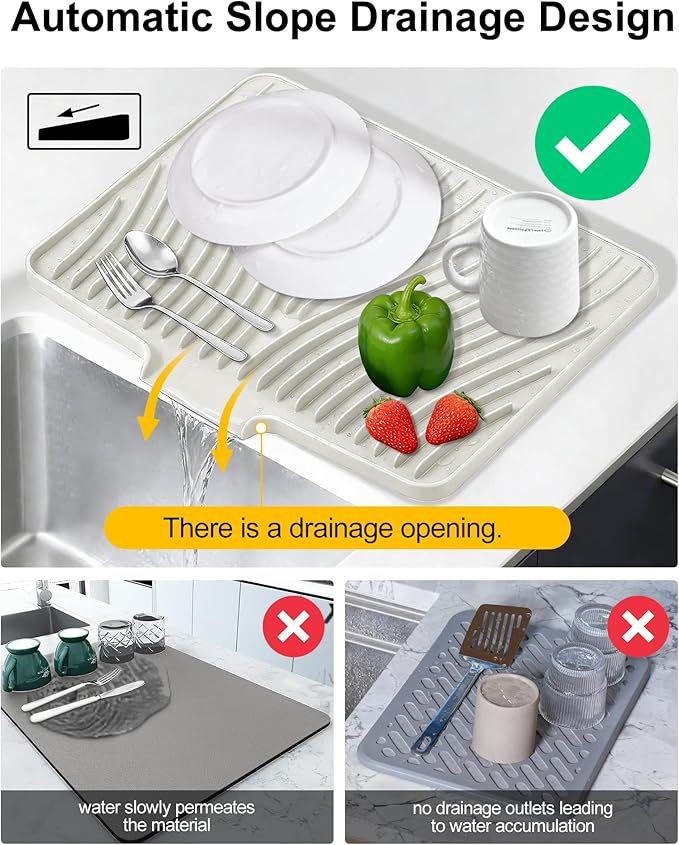 Silicone Dish Drying Mat for Kitchen Counter, Non-Slip Drain Pad with Built-in Drain, Heat Resistant Dish Drying Pad, Multi-Use Drying Mat, Dishwasher Safe & Hangable, Cream, 19.7" x 15"