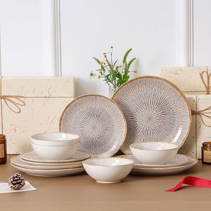 DOMICREVERY Ceramic Dinnerware Sets for 4, 12 pcs plates and Bowls Sets, Bloom