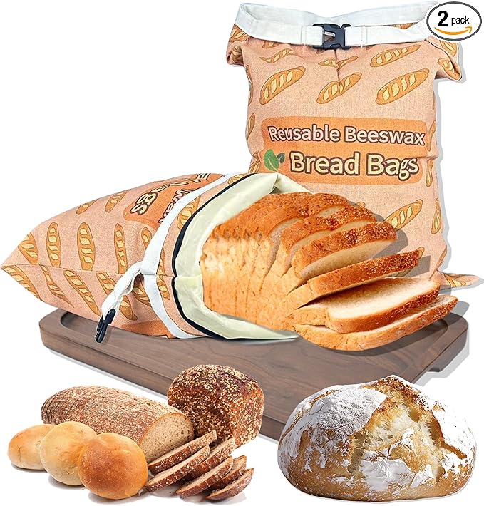 2 Pack Beeswax Bread Bags for Sourdough and Homemade Bread, Reusable Organic Linen Beeswax Bread Bag Eco-Friendly Fresh Food Storage, Moisture Lock– Freezer-Friendly with Sealing Zip (13x17in, XL)