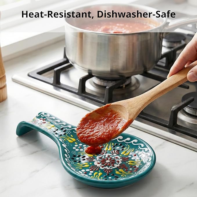 BCS Ceramic Spoon Rest, Large 9” Hand Painted Spoon Holder for Stove Top & Kitchen Counter, Dishwasher Safe & Heat Resistant Utensil Holder, Floral Kitchen Decor, Handmade Pottery