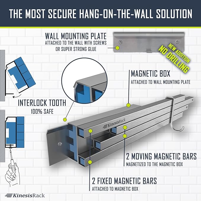 Magnetic Knife Holder for Wall 16 inch Extends up to 30 inches 4 Strip Neodymium Magnetic Rack with 10 Hooks for Kitchen Utensils Organize. No Drill. Tools Holder