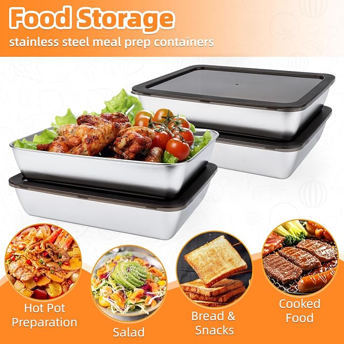 4 PCS Stainless Steel Food Storage Containers with lids,2.16 Inch Deep, 8x10 Inch Stainless Steel Oven plate, Metal Roasting Pan for Meal Prep、Meat, Rustproof & Heavy, Freezer & Dishwasher Safe