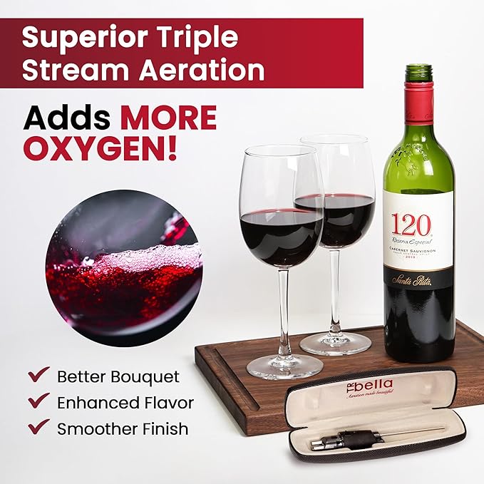 TRIBELLA Classic Wine Aerator, Multi-Stream Wine Aeration 3 Stainless Steel Spouts, Kitchen Essential, Easy Use, No-Drip Wine Pouring Accessory in Easy-to-Carry Gift Case