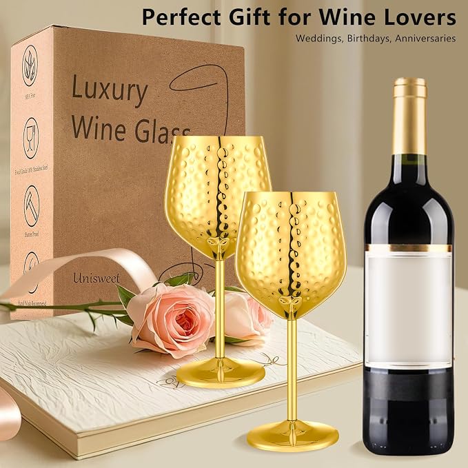 UNISWEET Stainless Steel Wine Glasses Set of 4 Unbreakable (Gold) | 17 oz Large-capacity Hammered Goblets, Lightweight & Reusable, Good for Outdoor, Camping, Pool Travel, Gift for Wine Lovers