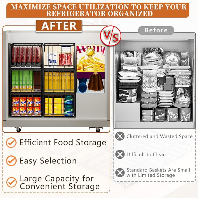 Large Freezer Organizer Bins, Upgrade Quick Expand/Collapse Feature, for 5-9 Cu.Ft Deep Freezer, 4 Pack Stackable Deep Freezer Organizer Bins, Black Wire Foldable Baskets (Black 4 Pack)