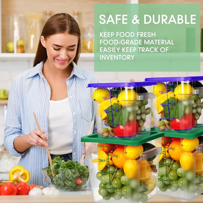 Lallisa 4 Pcs 8qt & 4qt Clear Food Storage Containers with Lids Handles and Scales, Stackable Plastic Square Food Storage Containers for Dough Proofing Baking Kitchen Restaurant(Blue, Green)