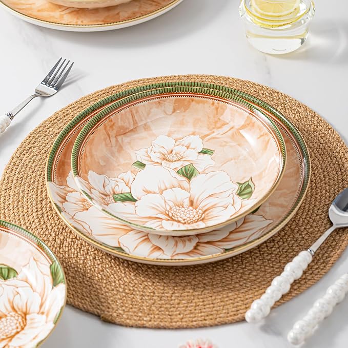 16-Piece Dinnerware Set for 4, Ceramic Plates and Bowls Sets, Microwave & Dishwasher Safe Dish Sets for Daily Use & Gifting, with Vintage Camellia Floral Pattern