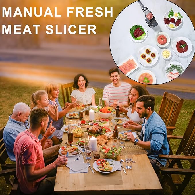 Fresh Meat Slicer, Manual Fresh Meat Cutter, Meal Prep Ideas, Adjustable Thickness 2mm or 4mm, 17 Blades get 18 Meat Slices, Meat Cleavers can be Sliced, Striped, Diced -Pink