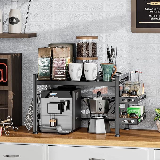 YIUKEA Extendable Microwave Oven Rack - Over Microwave Shelf Countertop 2 Tier Kitchen Microwave Stand (L15.7~23.6" xW12.8 xH17.7) with Spice Rack and 6 Hooks Black