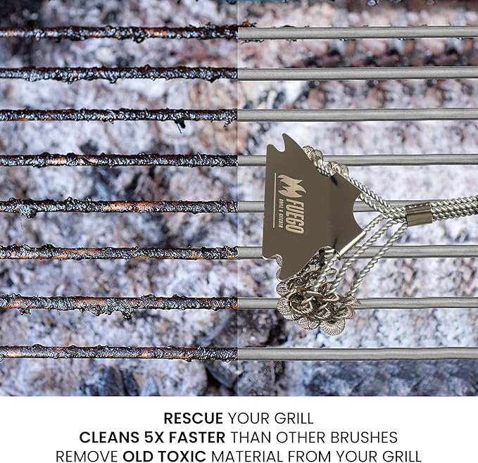 Fuego Grill Brush and Scraper Bristle Free - 17” Safe BBQ Brush for Gas/Charcoal/Weber Grills - Stainless Steel Triple Helix Grill Cleaner - Quality Grill Accessories for Dad
