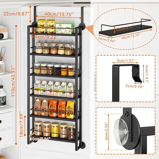 IBUYKE 6 Tier Over The Door Pantry Organizer,Wall Mounted Spice Rack,Door Hanging or Wall,Adjustable Hanging Storage Shelves,Spice Organization for Kitchen cabinet,Bathroom,Closet,Black UTLJ028B