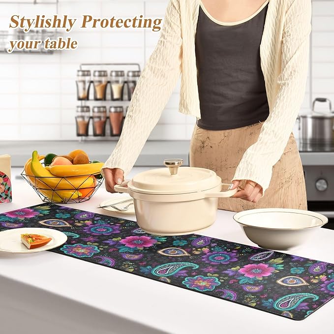 2-in-1 Table Runner Trivet for Hot Dishes Heat Resistant Hot Plate Mat Pad 39x12 Inch Waterproof Table Protector Trivets for Countertop Decorative Retro Paisley Floral Dots