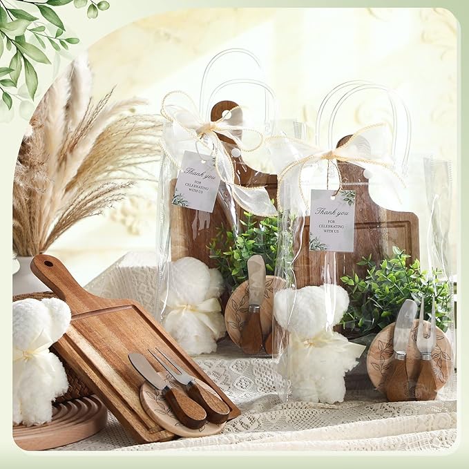 Honeydak 49 Pcs Baby Shower Prizes for Game Players 6 Set Cheese Board Fork Knives Coaster Towel Artificial Potted Plant Thanks Card Gift Bag for Baby Bridal Shower Wedding Favors (Acacia Wood)