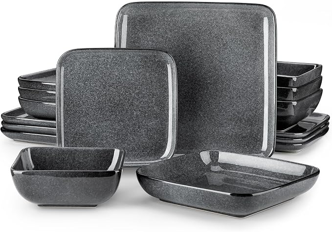vancasso Stern Gray Dinnerware Set Square Reactive Glaze Tableware 16 Pieces Kitchen Dinnerware Stoneware Crockery Set with Dinner Plate, Dessert Plate, Bowl and Soup Plate Service for 4