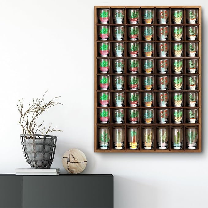 Barydat Shot Glass Display Case Wood Shot Glass shelf holder 56 Compartments Wall-mounted Rustic Bar Cabinet(Brown,2 Pcs)