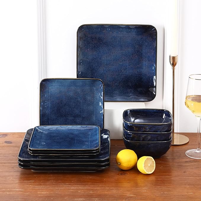 Vicrays Ceramic 18 Pieces Square Dinnerware Set - Dinner Plates Salad Plates Cereal Bowls Set Service for 6 - Scratch Resistant Microwave Oven Dishwasher Safe - Blue