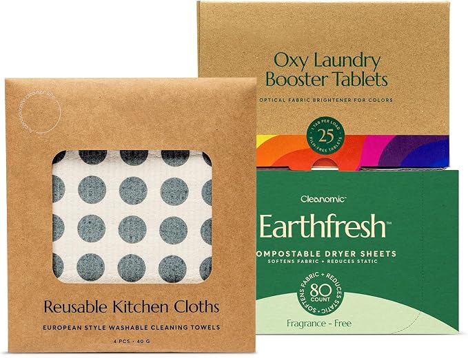 CLEANOMIC Reusable Kitchen Cloth, Oxy Laundry Booster & Fabric Softener Sheets Bundle
