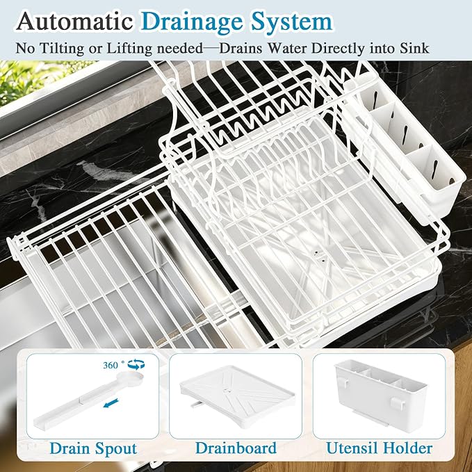 2 Tier Dish Drying Rack, Large Extendable Dish Racks for Kitchen Counter , Dishrack with Drainboard, 2-in-1 Anti-Rust Stainless Steel Dish Drainer with Utensil Holder (White, double of Dish Rack)