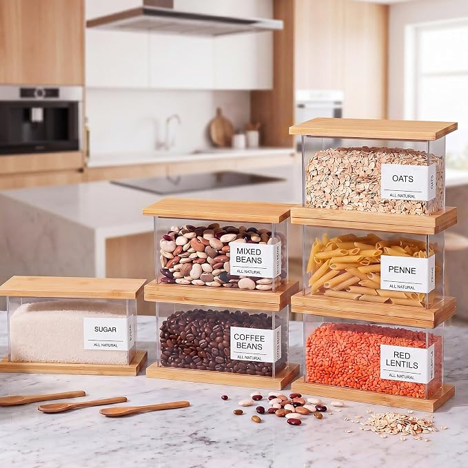 6 Pack Square Acrylic Pantry Storage Containers with Lid Cereal Containers Storage with 144 Pantry Labels, 100oz Small Spice Jars with Airtight Bamboo Lids and Spoon for Sugar, Cereal, Spice
