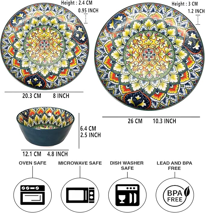 YA JU Mandala Dinnerware Sets (12 Pcs) Serves 4, Buffet Dinnerware, Boho Plates and Bowls Dish Set with 8" Deep Plate 10" dinner Plate 4.8" bowl, apply Casual dining Indoor Outdoor Dining Party