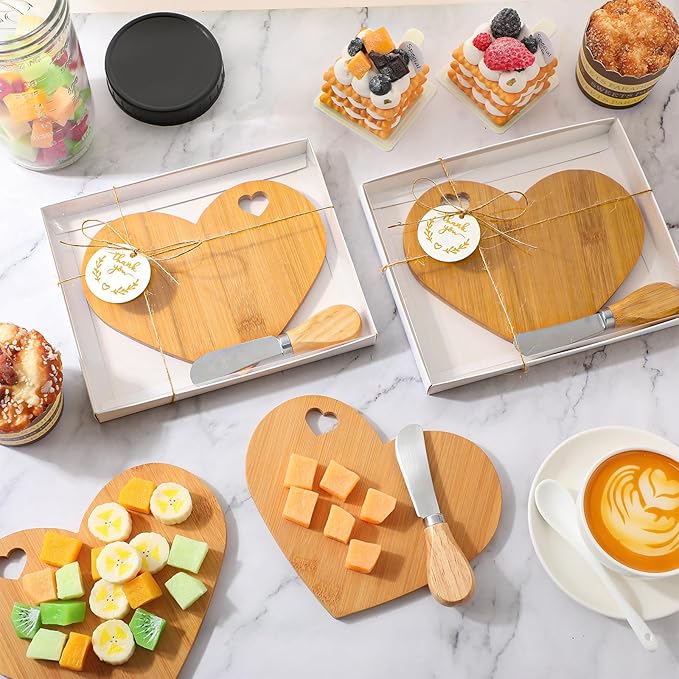Maxcheck 12 Set Bridal Baby Shower Favor Heart Shaped Charcuterie Board Bulk 7x5inch Mini Cheese Board Gift with Knives Thank You Tag for Guest Birthday Bridal Wedding Baby Shower Prize (Bamboo Color)