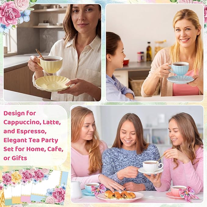 Set of 6 Tea Cups and Saucers Tea Party Decorations 5.4 oz British Cappuccino Cups with Saucers Floral Napkin Gift for Women Birthday Party Church Mother's Day