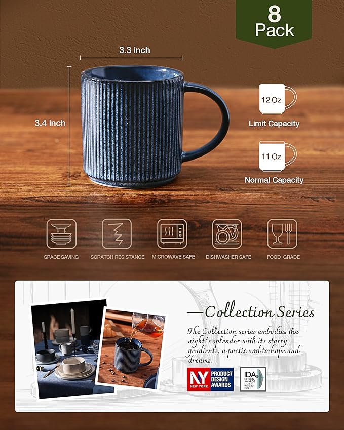 famiware Coffee Mug Set for 8, Star 12 oz Catering Mugs Cup Set with Handle for Coffee, Tea, Cocoa, Milk - Ceramic Stoneware Drinkware Set, Nebulas Blue