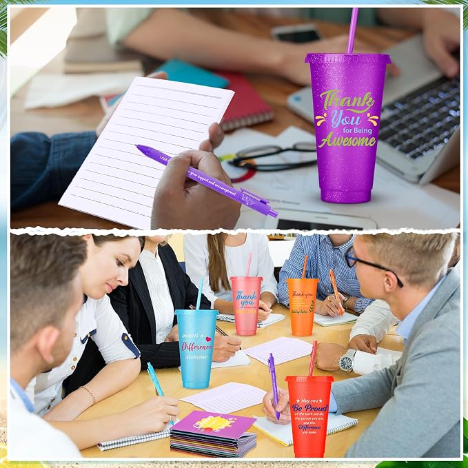 Feifeiya 72 Pcs/ 24 Set Thank You Gifts Bulk 24 oz Employee Staff Appreciation Tumbler with Lids and Straws Motivational Pens Inspirational Notepads Plastic Cup Gift (awesome, Colorful 2)