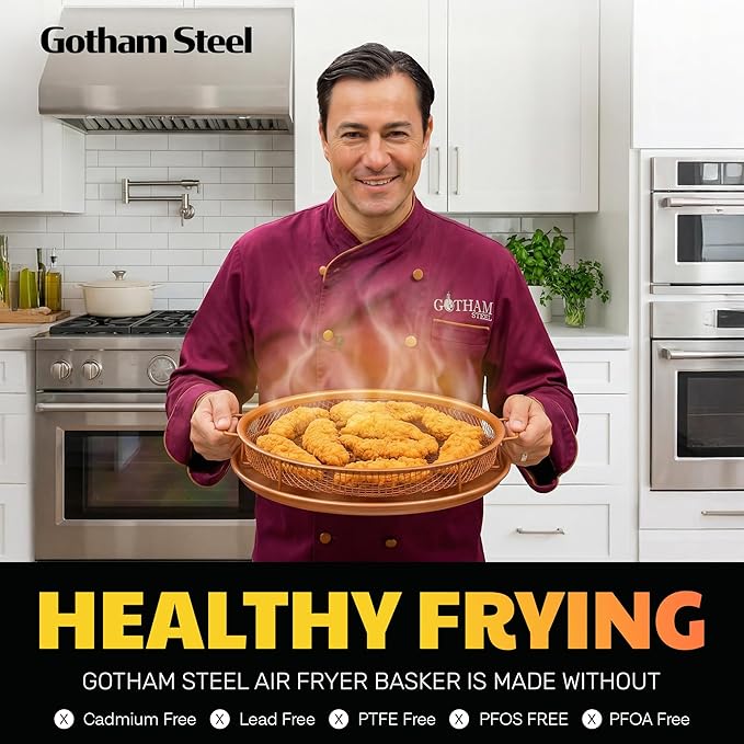 GOTHAM STEEL 2 Piece Copper Air Fryer Tray, Non Stick Air Fry Crisper Baskets for Air Fryers, Oven and Dishwasher Safe, Round Pizza & Bake Pan Frying, PFOA and PFOS Free, Durable & ScratchProof