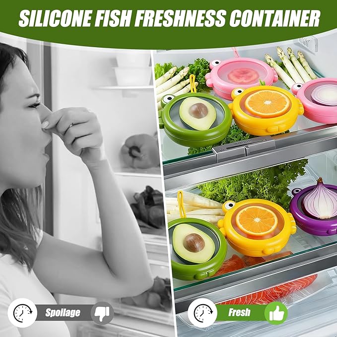 Set of 4 Fish-Shaped Fresh Food Containers, Fresh Pod, Reusable Silicone Storage Pods for Avocado, Onions, Lemon, Tomatoes, Garlic – Anti-Oxidation for Fridge, Send Goods from Local Warehouse
