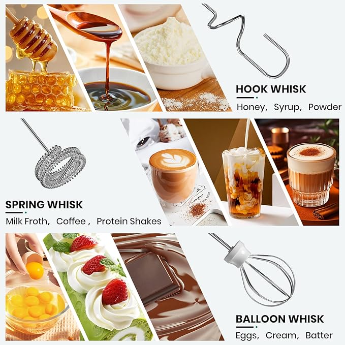 Colarlemo Milk Frother Handheld Rechargeable, Frother Wand Drink Mixer Electric Whisk for Coffee, Detachable With 3 Stainless Whisks, Hand Mixer for Lattes, Cappuccino, Matcha, Egg, No Stand, White