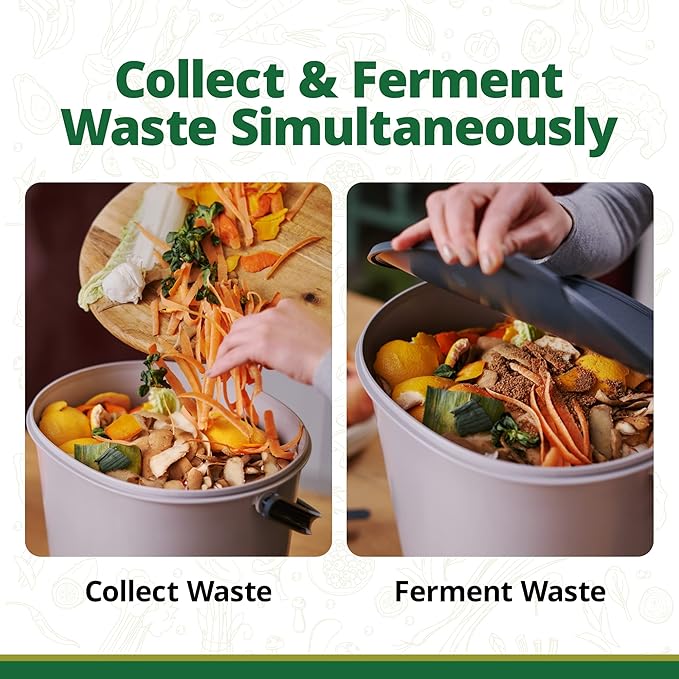 TeraGanix Bokashi Compost Starter Kit, Essential Set + Base, Indoor Composting, 2X 15.3L (4 gal) Bins, Collect & Ferment Waste, Airtight, No Pests or Odors, Bokashi Rice Bran Included, (Grey)