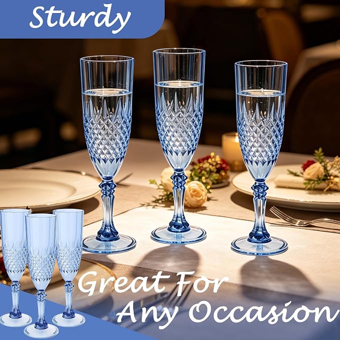 Plastic Champagne Flutes, Champagne Glasses Bulk, Reusable Unbreakable Acrylic Wine Glasses Goblets for Weddings Bachelor Parties Toasting Bridal Shower (24, Blue)