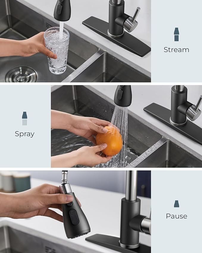 FORIOUS Kitchen Faucets with Pull Down Sprayer, High Arc Single Handle Classic Stainless Steel Sink Faucet 1 or 3 Hole, Suitable for Farmhouse Camper Laundry Rv Bar, Black Brushed