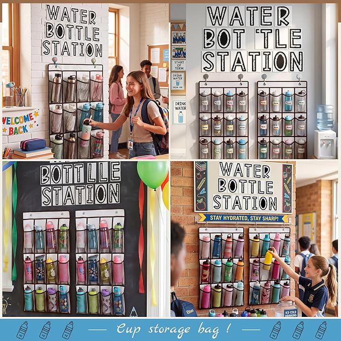 Eaasty 2 Pack Water Bottle Holder Organizer with Water Bottle Station Stickers, 29.13" x 17.72" Mesh Pocket Storage for Classroom Door Hanging Organizer Includes Hooks for Back to School Supplies
