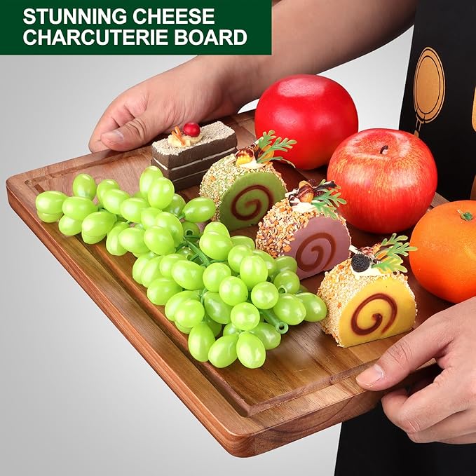 Extra Large Acacia Wood Cutting Board Set of 3 Wooden Chopping Board With Holder Fruit Cutting Boards Charcuterie Boards for Kitchen Bread Cheese Serving Board Meat Cutting Board Carving Board