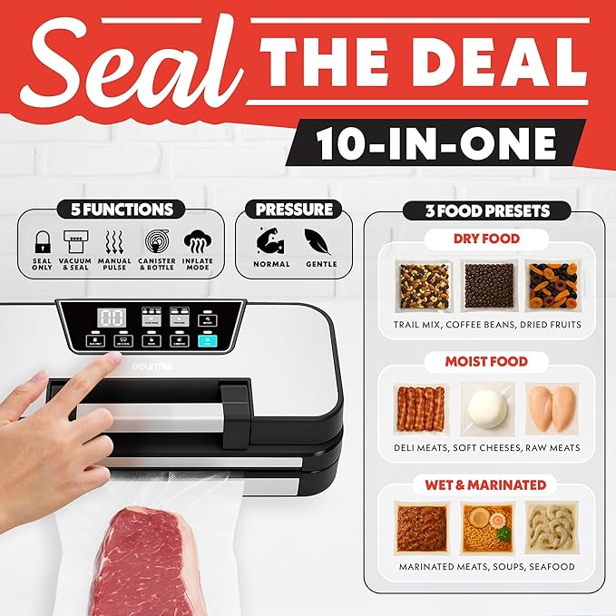 Gourmia Vacuum Sealer - 10-in-1 Food Sealer, Built-In Cutter & Roll Storage, Dry/Moist Modes, Gentle & Normal Pressure, BPA-Free Bags, Stainless Steel