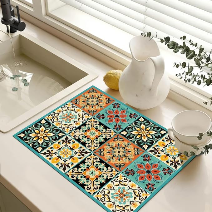 HOMETITUTE Stove Top Cover 28x20 Inch Diatomite Kitchen Mat Spanish Tile Boho Style Heat Resistant Coffee Mat Stove Cover for Electric Pad Countertop Protector Kitchen Decor
