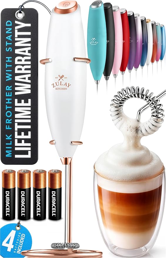 Zulay Kitchen Powerful Milk Frother Wand With 4 AA Duracell Batteries - Ultra Fast Handheld Drink Mixer - Electric Whisk Foam Maker for Coffee, Lattes, Cappuccino, Matcha & Creamer - White & Rose Gold