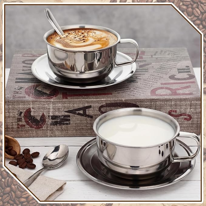 12 Pack Small Stainless Steel Espresso Cup Set, 6.8 oz Silver Tea Cups with Saucer and Spoon Double Wall Coffee Mugs with Handle for Cappuccino, Tea, Milk, Ideal Gift for Espresso Lovers
