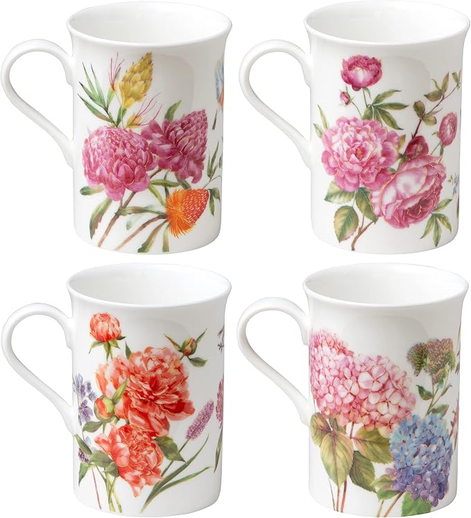 Bone China Coffee Tea Mugs 9-Ounce, Assorted Set of 4 (Beautiful Garden)