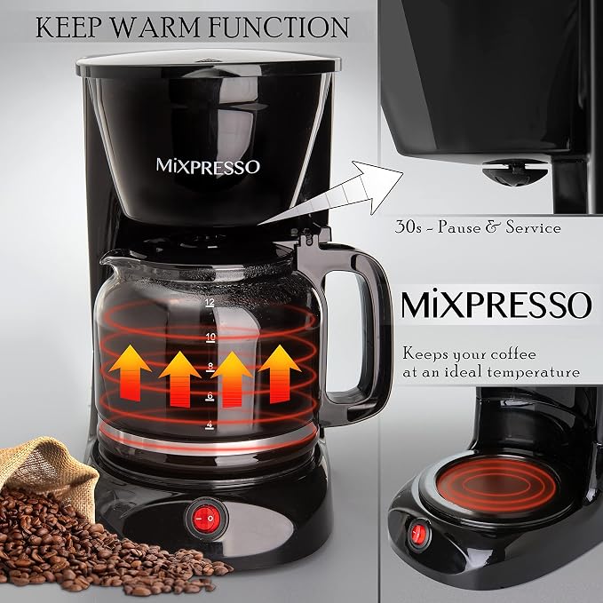 Mixpresso 12 Cup Coffee Pot, Auto-Off & Reusable Filter, Large Drip Coffee Maker, Borosilicate Glass Carafe, Anti-Drip, Water Window, Easy On/Off Switch, Black Coffee Machine