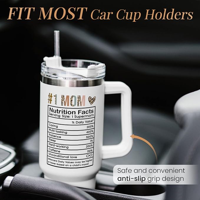 SANDJEST Mom Gifts for Women Mom Nutrition Facts Tumbler Stainless Steel 40oz with Handle Insulated Travel Cup Best Mom Ever Coffee Cup, Mother's Day Christmas Birthday Gifts from Son Daughter