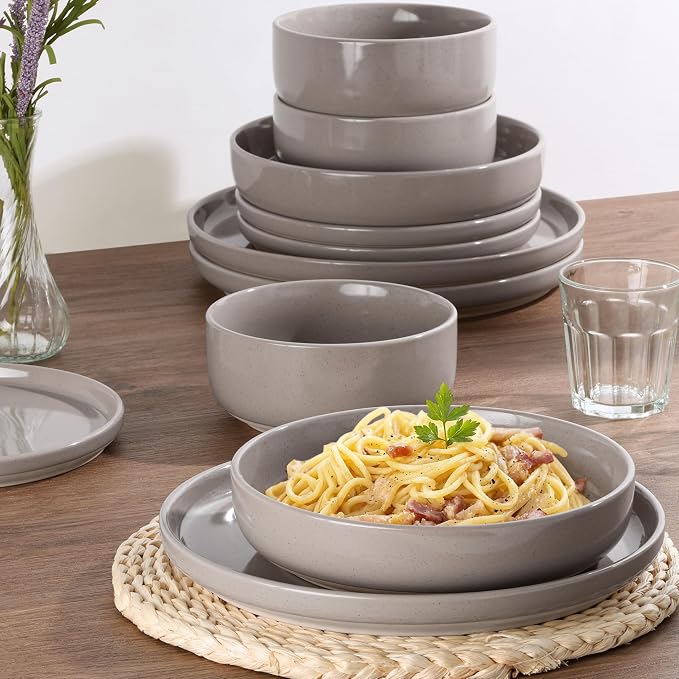 HaWare 24-Piece Plates and Bowls Set for 6, Stoneware Dinnerware Sets with Pasta Bowl, Dishes Set for Home Restaurant, Speckled Cream Coffee